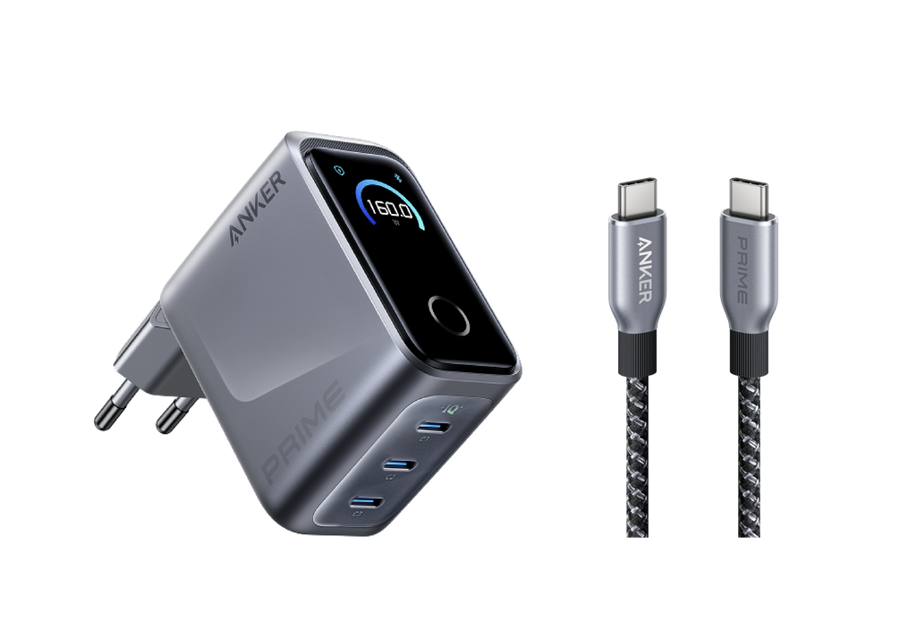 ANKERXI Prime-Charger (160 W, 3 ports, Smart Display) + ANKERXI Prime USB-C to USB-C-cable (240 W, recycled braided)