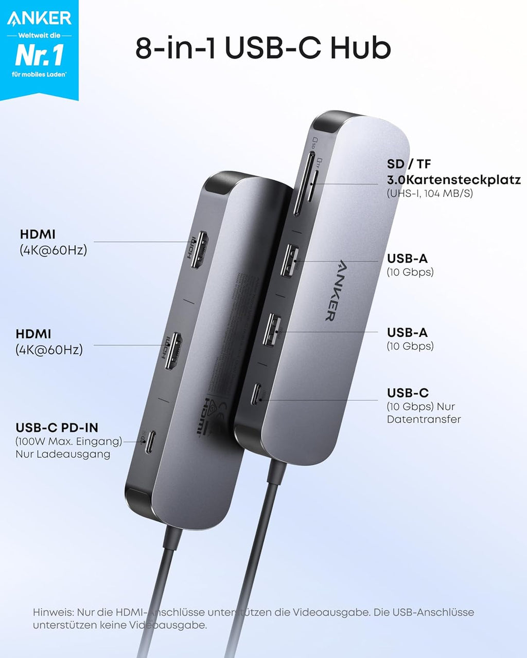 ANKERXI Nano USB-C Hub (8-i-1, dual displays), 10 Gbps hastighet, 85 W max fast Charging av laptop