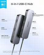 ANKERXI Nano USB-C Hub (8-i-1, dual displays), 10 Gbps hastighet, 85 W max fast Charging av laptop