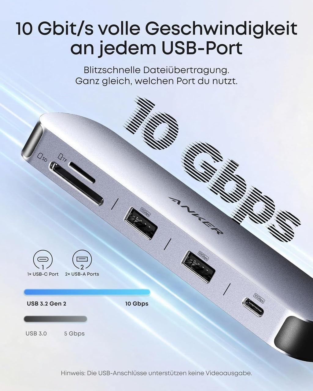 ANKERXI Nano USB-C Hub (8-i-1, dual displays), 10 Gbps hastighet, 85 W max fast Charging av laptop