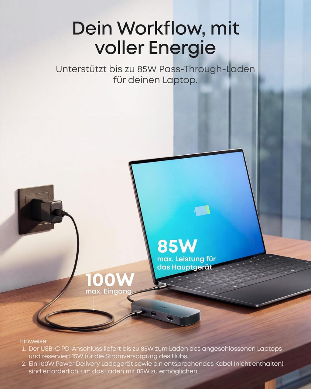 ANKERXI Nano USB-C Hub (8-i-1, dual displays), 10 Gbps hastighet, 85 W max fast Charging av laptop