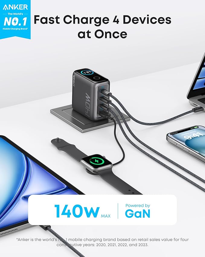 (black) ANKERXI Nano 45W Smart Display-Charger + (Dark Gray) ANKERXI LaptopCharger (140W, 4-portars, PD 3.1) with USB-C-cable