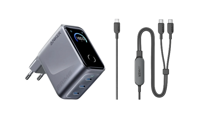 ANKERXI Prime Charger (160W, 3 Ports, GaNPrime) + ANKERXI 2-in-1 USB-C on USB-C cable (120cm, 140W, Flecht-Design)