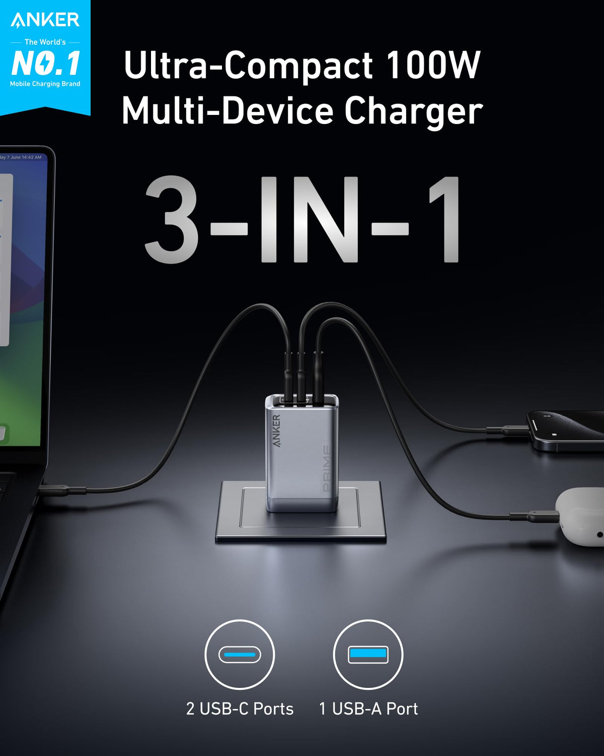 ANKERXI Prime Charger (100W, 3 Ports, GaN)