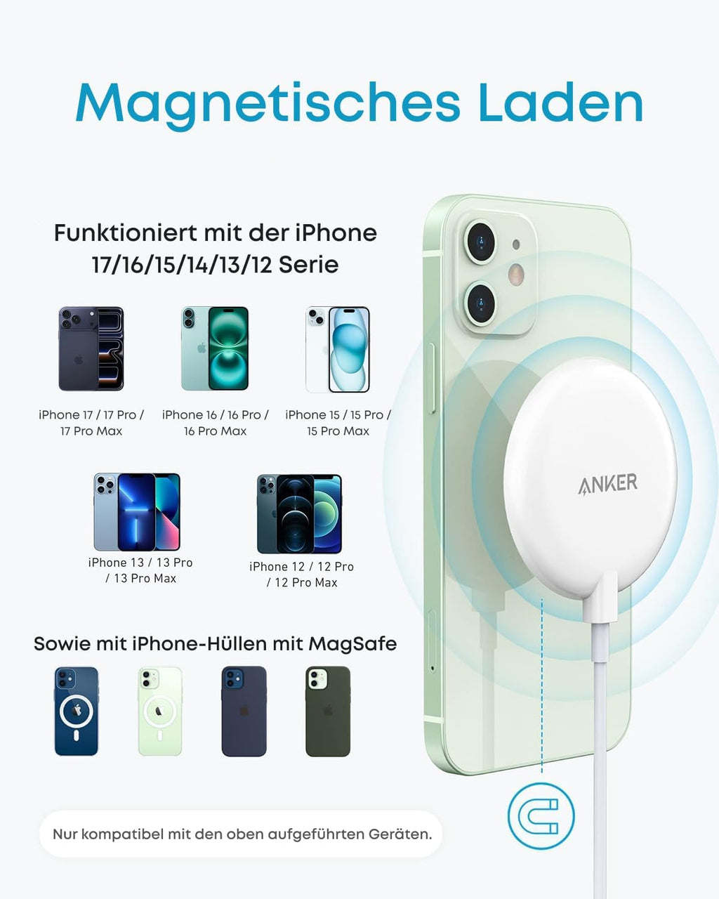 ANKERXI Magnetices wireless Charging Pad, Wireless Charger with 1,5m USB-C cable, Qi-Certified for iPhone 17 Pro Max / 17 Pro / 17 / 16 / 15 / 14 / 13 / 12 series, (without Power Supply)