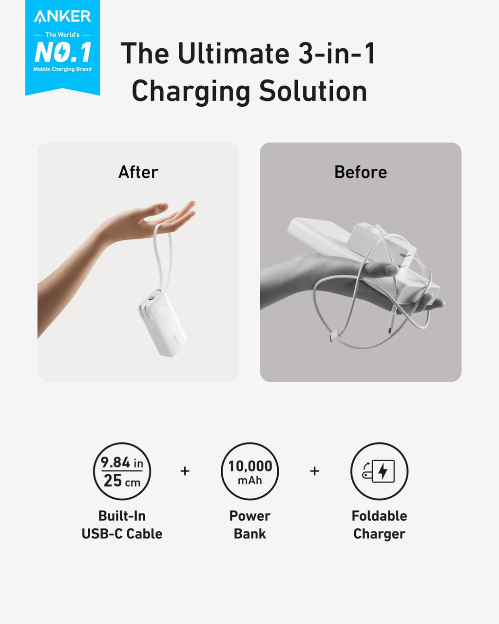 ANKERXI Power Bank (10K, Fusion, Built-In USB-C Cable) Built-In USB-C Cable / Truffle Black