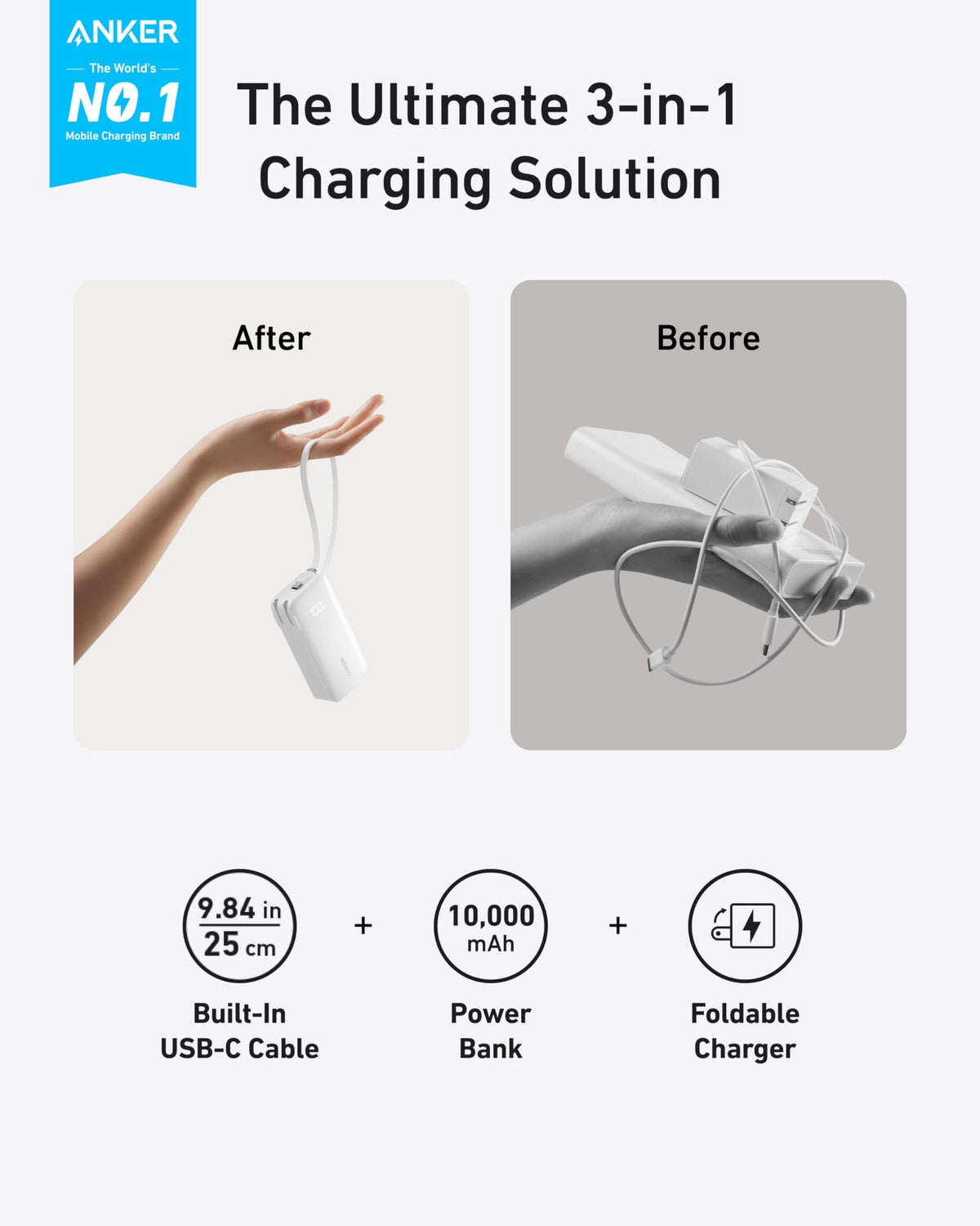 ANKERXI Power Bank (10K, Fusion, Built-In USB-C Cable) Built-In USB-C Cable / Truffle Black
