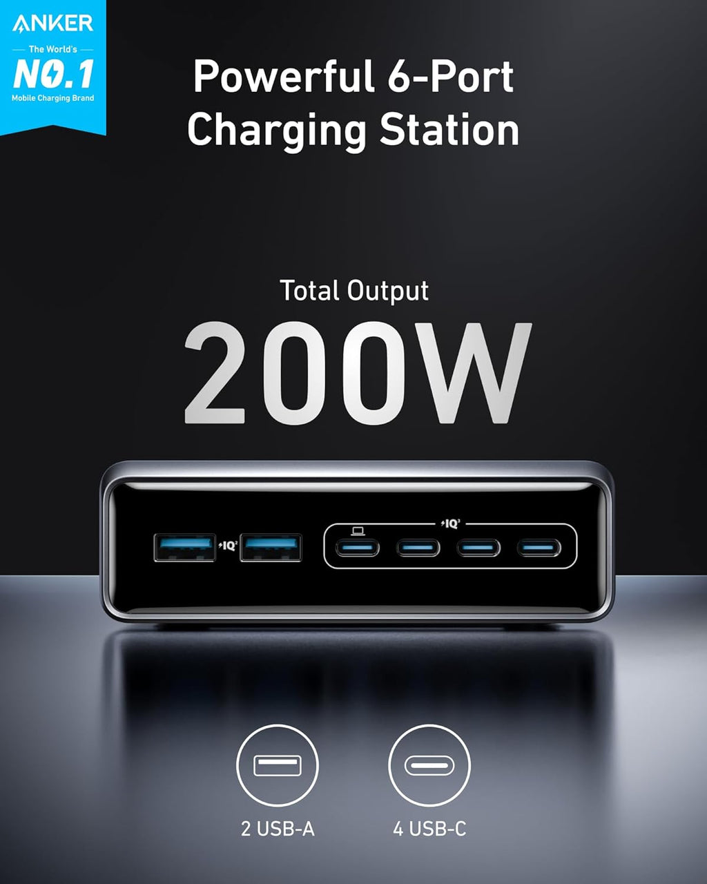 ANKERXI Prime-Charger (200 W, 6 ports, GaN) + USB-C to USB-C-cable (1,8 m, braided, 100 W) 2-pack black