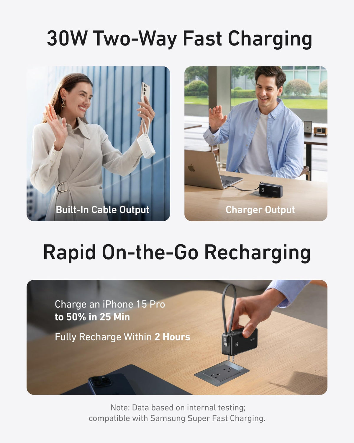 ANKERXI Power Bank (10K, Fusion, Built-In USB-C Cable) Built-In USB-C Cable / Truffle Black