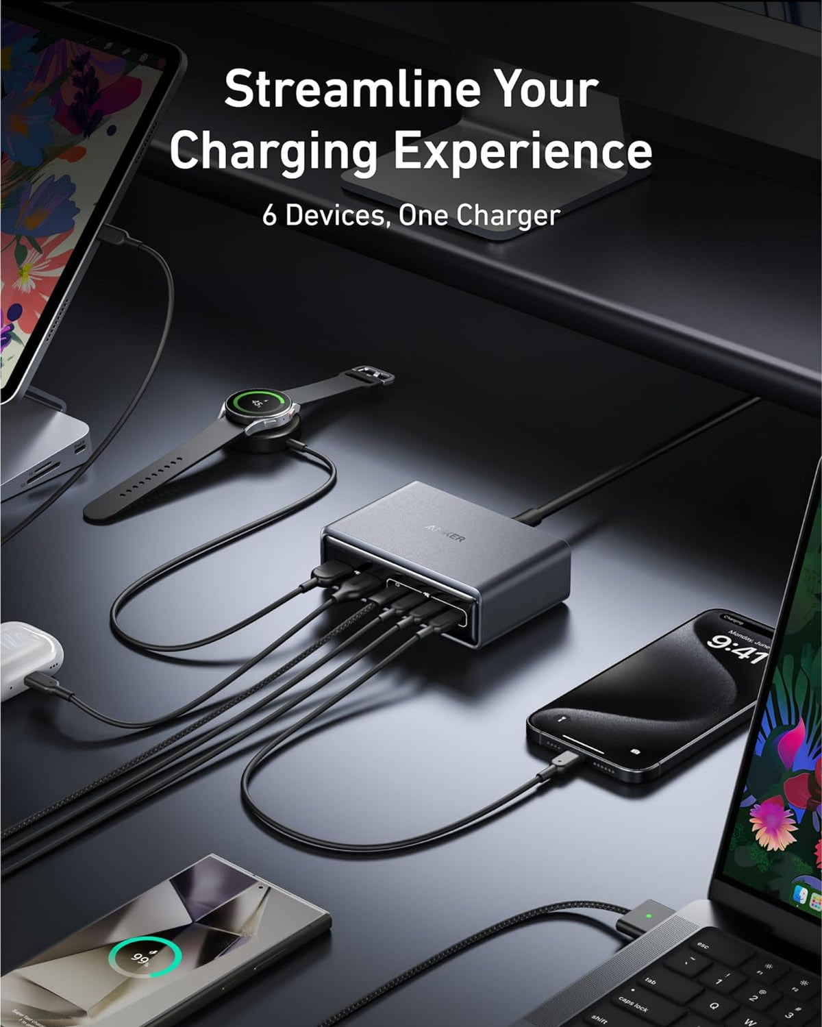 ANKERXI Prime-Charger (200 W, 6 ports, GaN) + USB-C to USB-C-cable (1,8 m, braided, 100 W) 2-pack black