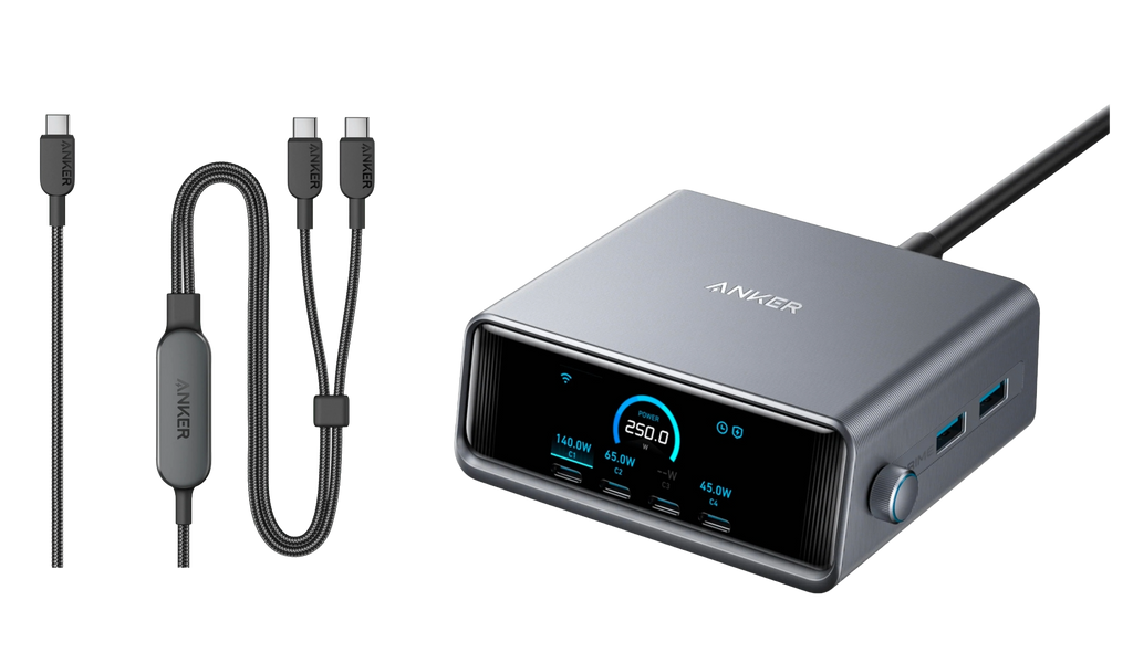 ANKERXI Prime-Charger (250 W, 6 ports, GaNPrime) + ANKERXI 2-i-1 USB-C to USB-C-cable (1,2 m, 140 W, braided)