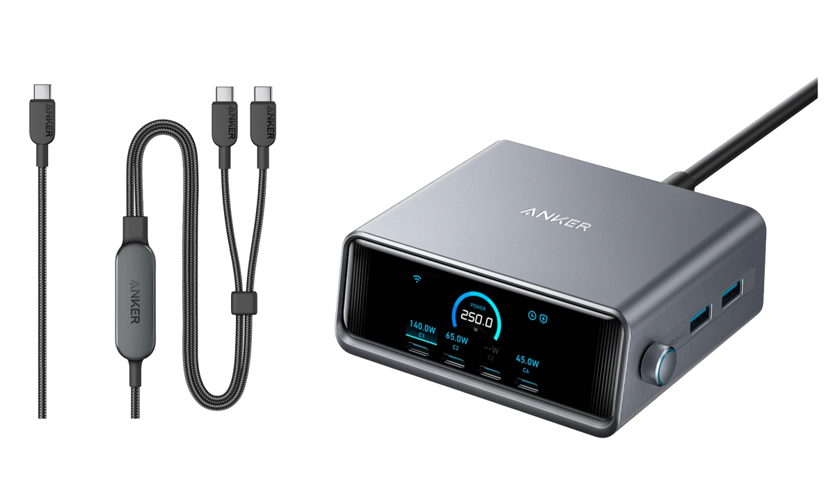 ANKERXI Prime-Charger (250 W, 6 ports, GaNPrime) + ANKERXI 2-i-1 USB-C to USB-C-cable (1,2 m, 140 W, braided)