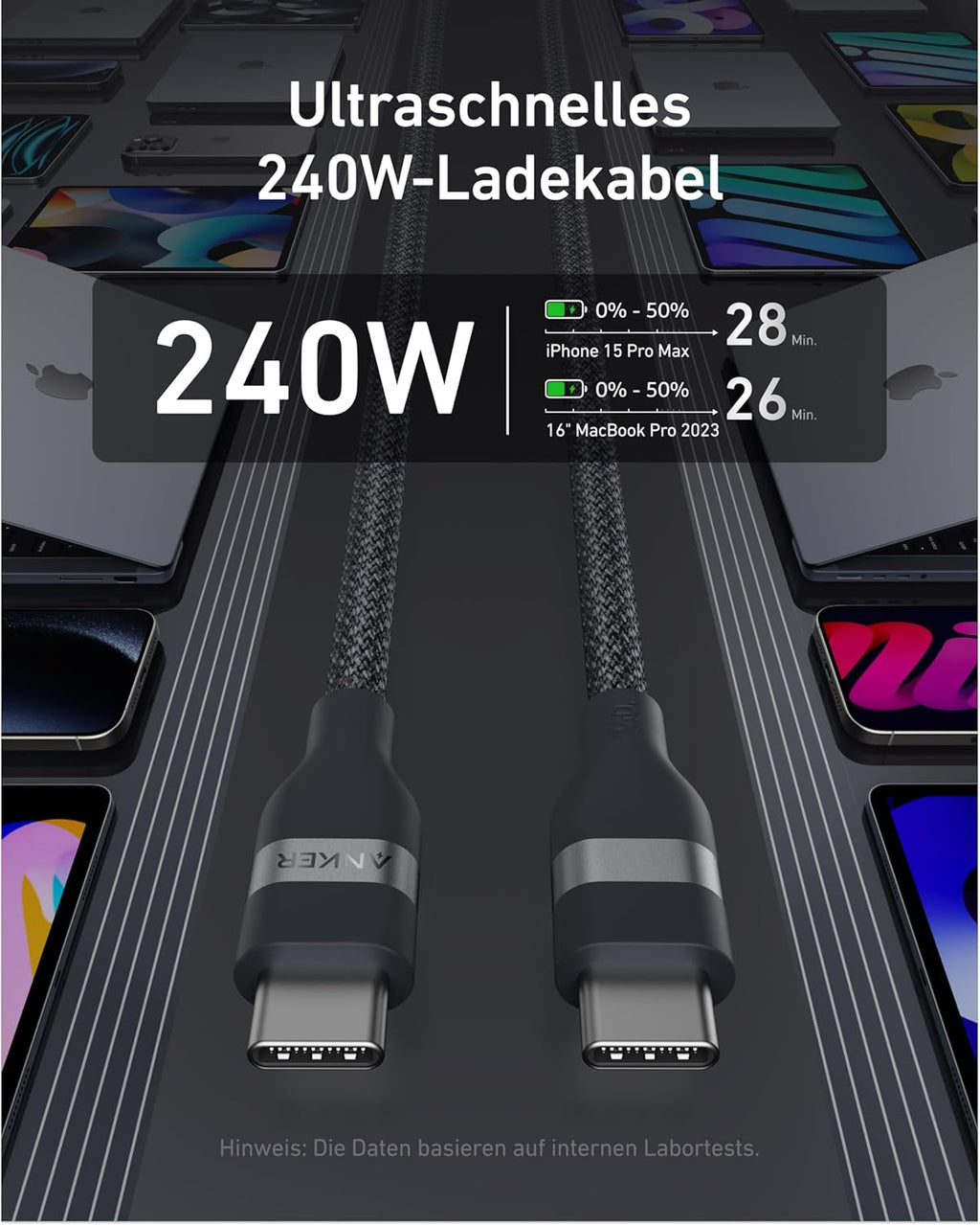 ANKERXI USB-C on USB-C cable (180cm, 240W, Upcycled-braided) + ANKERXI USB-C on USB-C cable (90cm, 240W, Upcycled-braided)