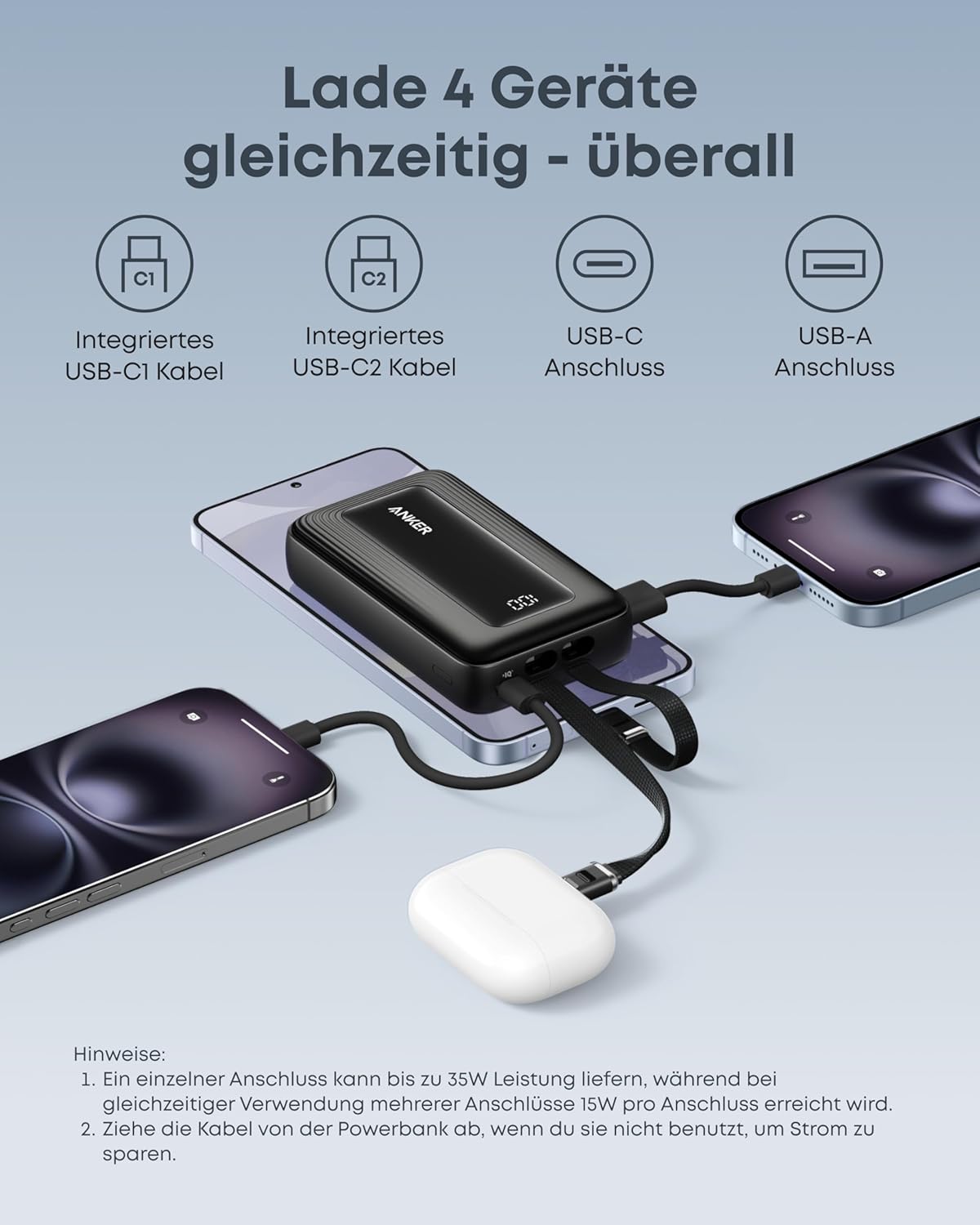 ANKERXI Zolo Power Bank (20K, 45W, two built-in USB-C cable)