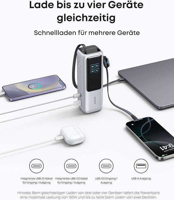 ANKERXI Power Bank (25K, 165W, Built-in + Retractable cable) + ANKERXI Charger (140W, 4-Port, PD 3.1) with USB-C cable black