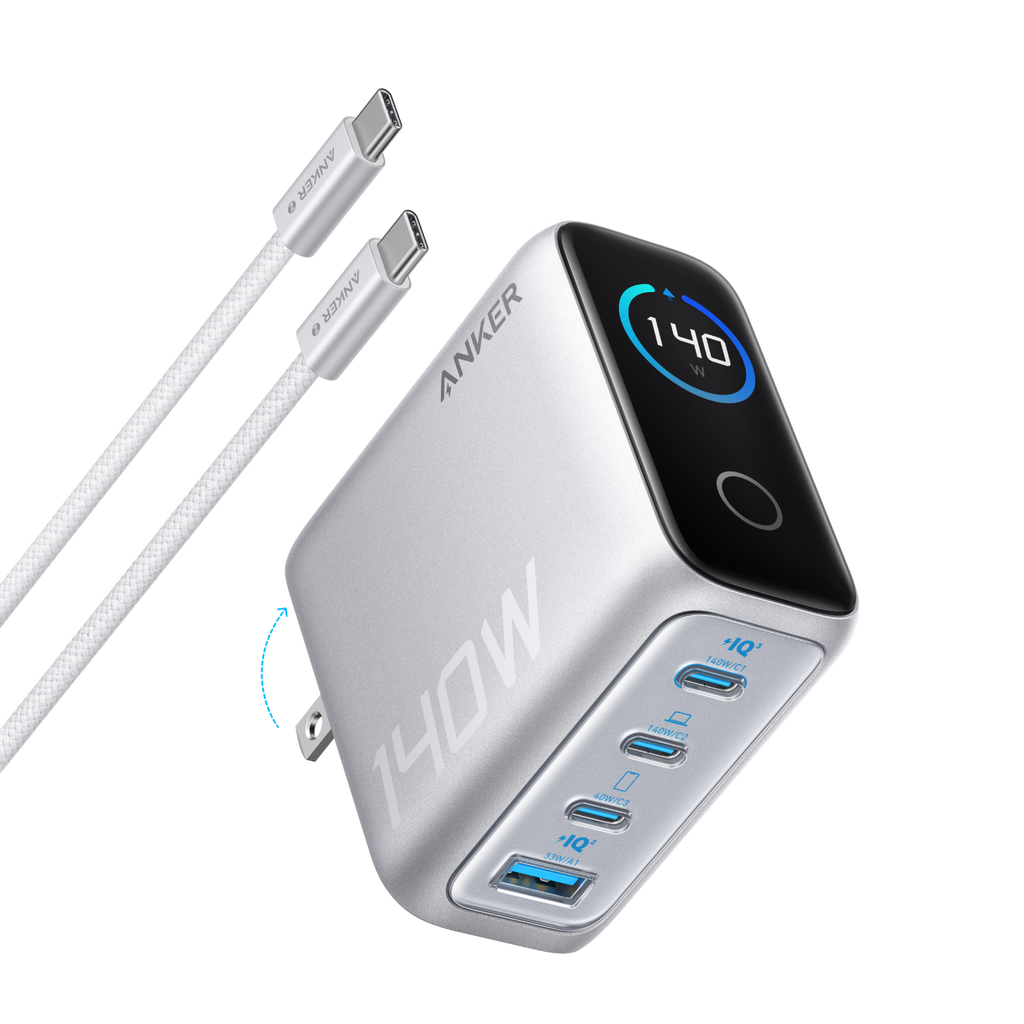ANKERXI Laptop Charger (140W, 4-Port, PD 3.1) with USB-C Cable - Silver