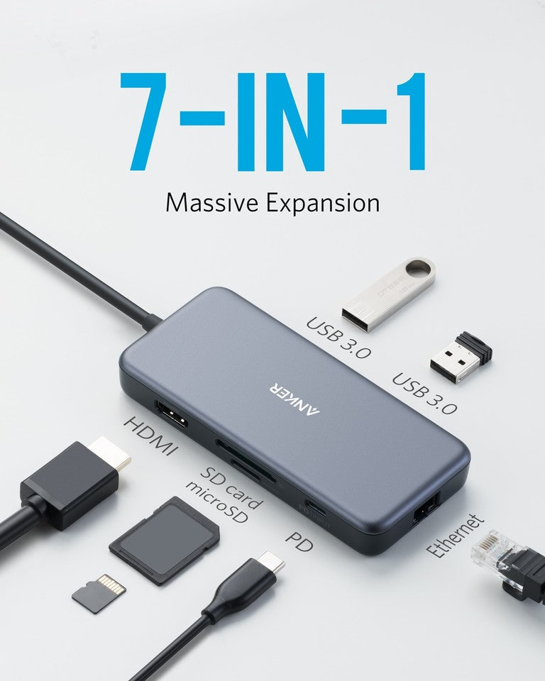 ANKERXI PowerExpand+ 7-i-1 USB-C PD Ethernet-Hub Silver