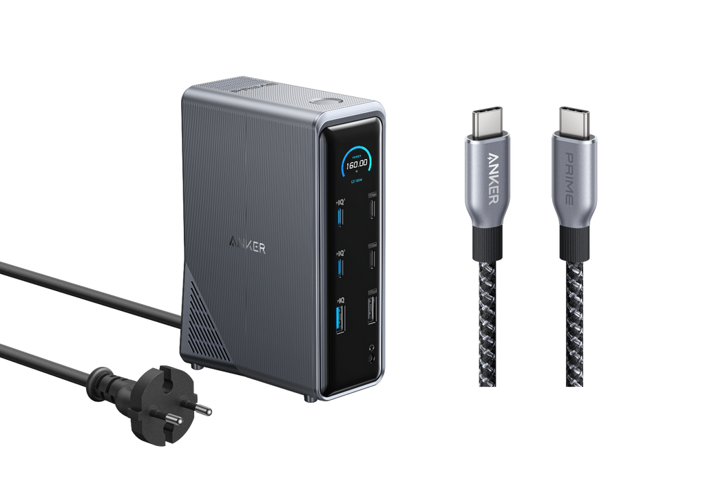 ANKERXI Prime Charging Dock (14-in-1, Duales Display, 160W) + ANKERXI Prime USB-C on USB-C cable (0,9m, 240W, Upcycled-Braided Design) black