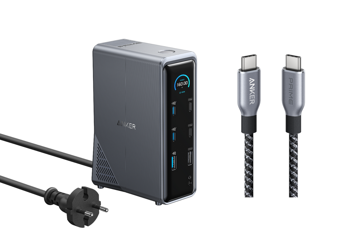 ANKERXI Prime Charging Dock (14-in-1, Duales Display, 160W) + ANKERXI Prime USB-C on USB-C cable (0,9m, 240W, Upcycled-Braided Design) black