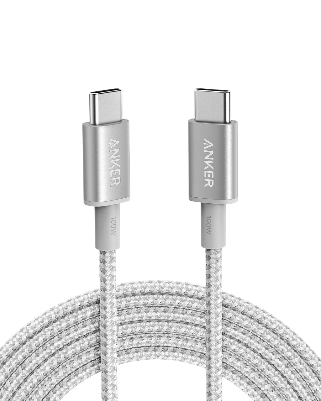 New Nylon USB-C to USB-C 100W Cable (10 ft) - Silver