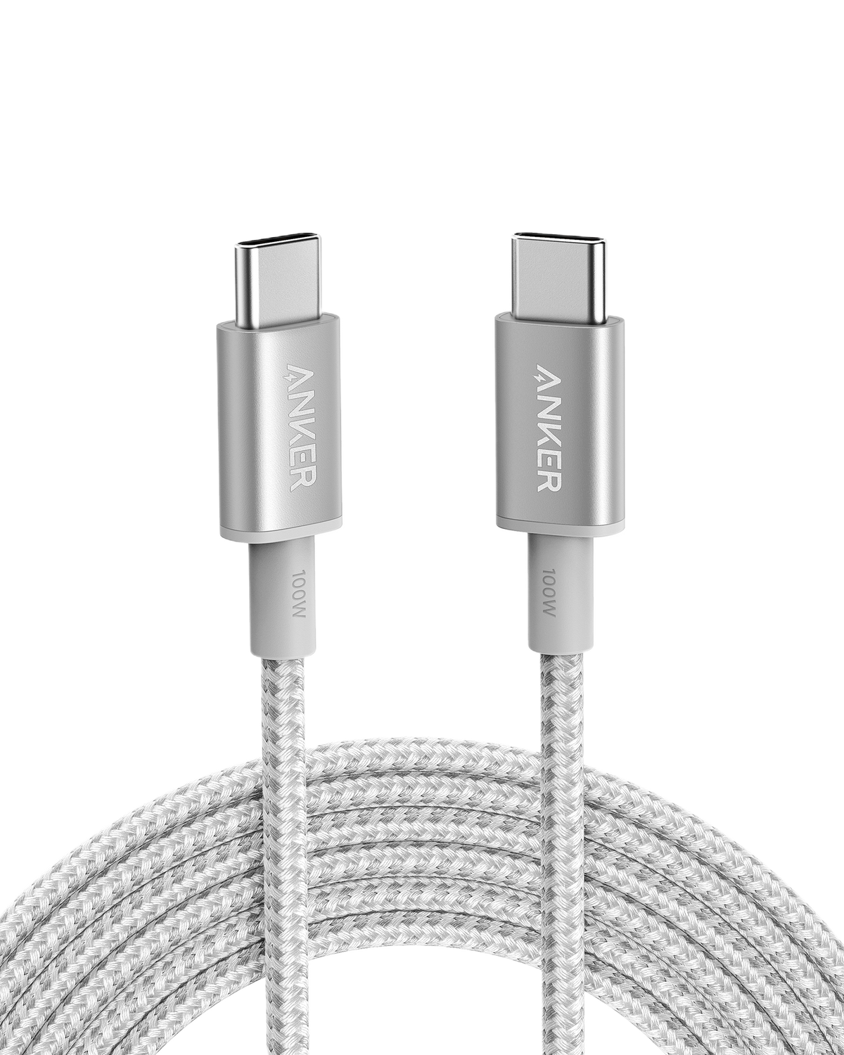 New Nylon USB-C to USB-C 100W Cable (10 ft) - Silver
