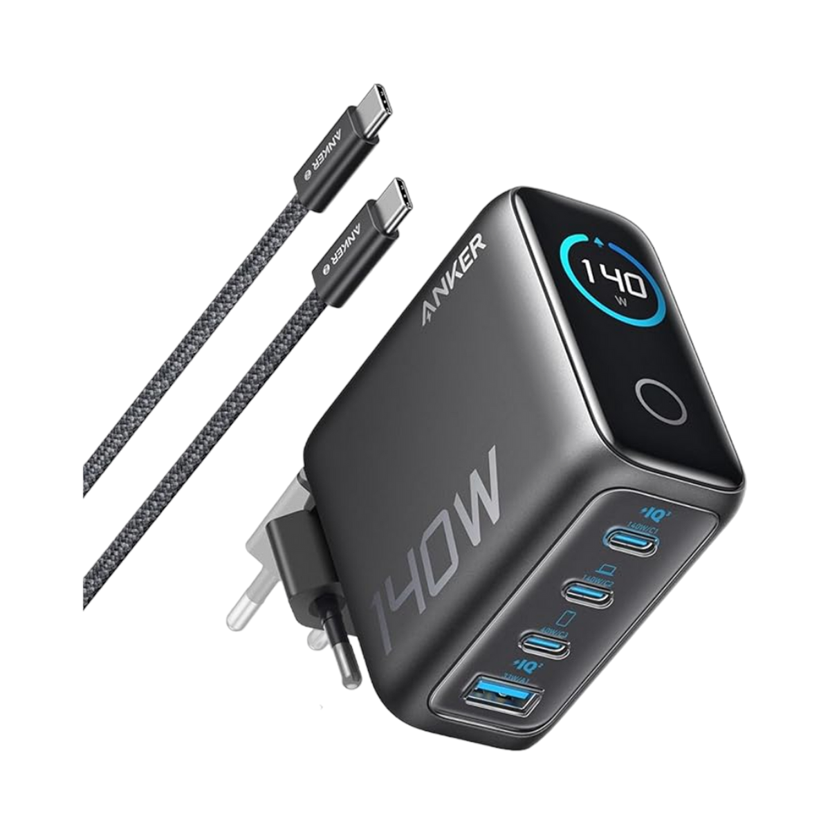 (black) ANKERXI Nano 45W Smart Display-Charger + (Dark Gray) ANKERXI LaptopCharger (140W, 4-portars, PD 3.1) with USB-C-cable