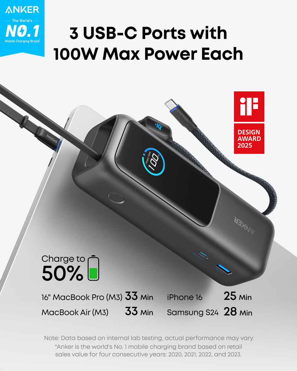 ANKERXI Power Bank (25K, 165W, Built-In Cables) with 240W USB-C Cable