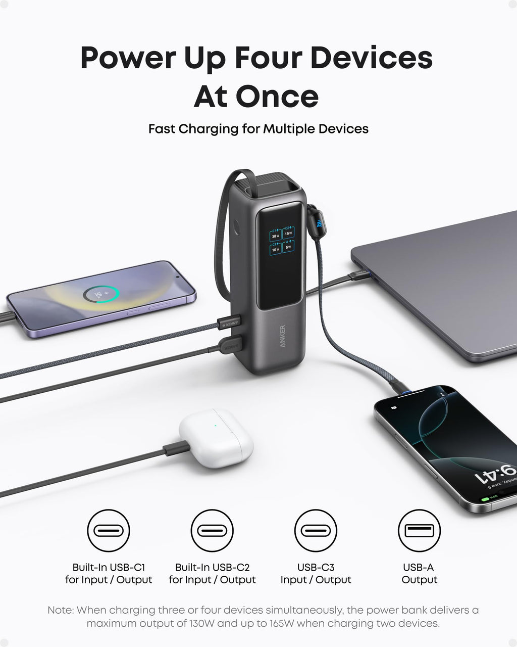 ANKERXI Power Bank (25K, 165W, Built-In Cables) with 240W USB-C Cable