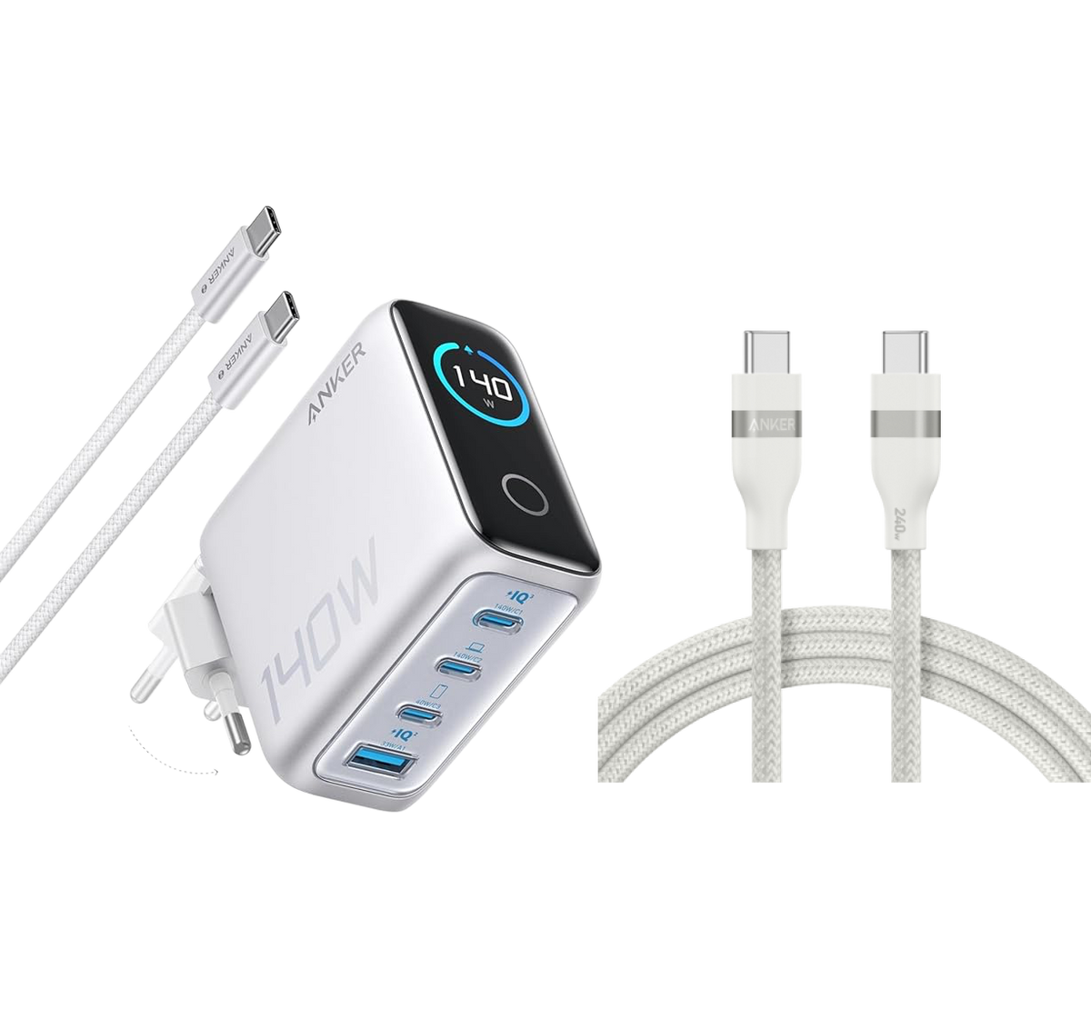 ANKERXI LaptopCharger (140W, 4-portars, PD 3.1) with USB-C-cable + ANKERXI USB-C to USB-C-cable (240W, recycled braided) - Default Title