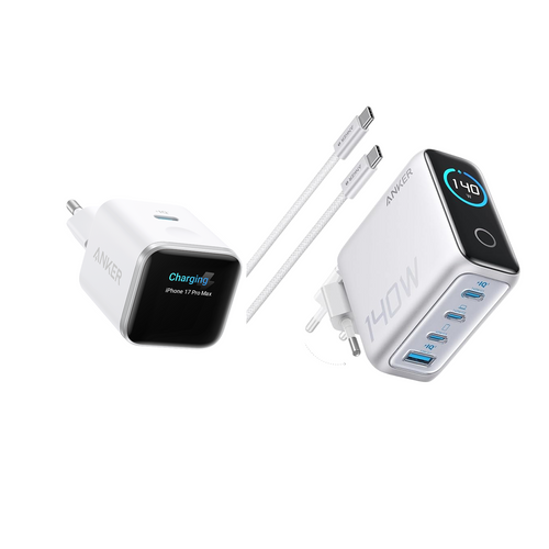(white) ANKERXI Nano 45W Smart Display-Charger + (Silver) ANKERXI Laptop-Charger (140W, 4-portars, PD 3.1) with USB-C-cable - Default Title