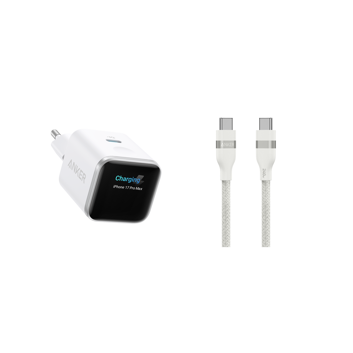 (white) ANKERXI Nano 45W Smart Display-Charger + (0,9m white) ANKERXI USB-C to USB-C-cable (240W, recycled-braided)
