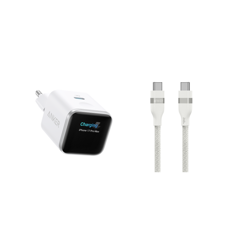 (white) ANKERXI Nano 45W Smart Display-Charger + (0,9m white) ANKERXI USB-C to USB-C-cable (240W, recycled-braided)