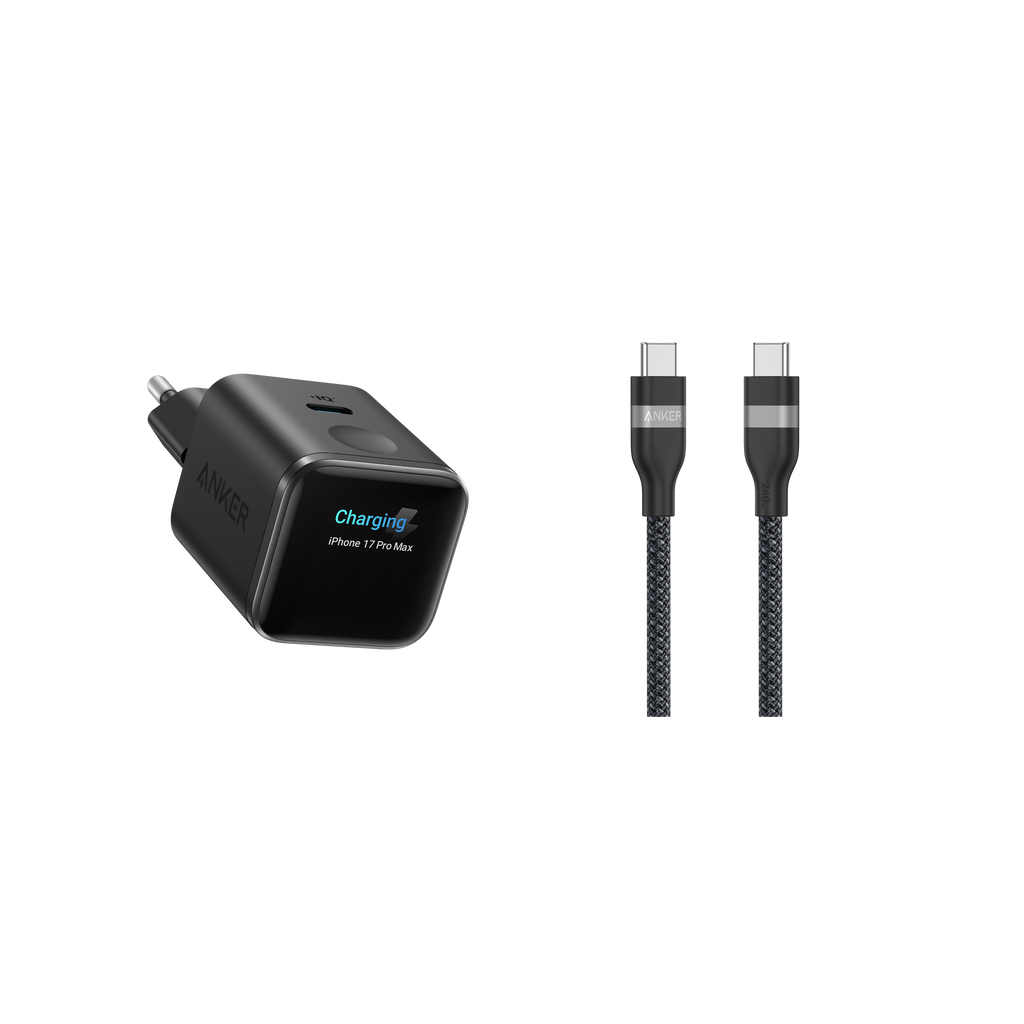 ANKERXI Nano Charger (45W, Smart Display) + ANKERXI USB-C on USB-C cable (90cm / 180cm, 240W, Upcycled-Braided Design) Black Stone / 90cm