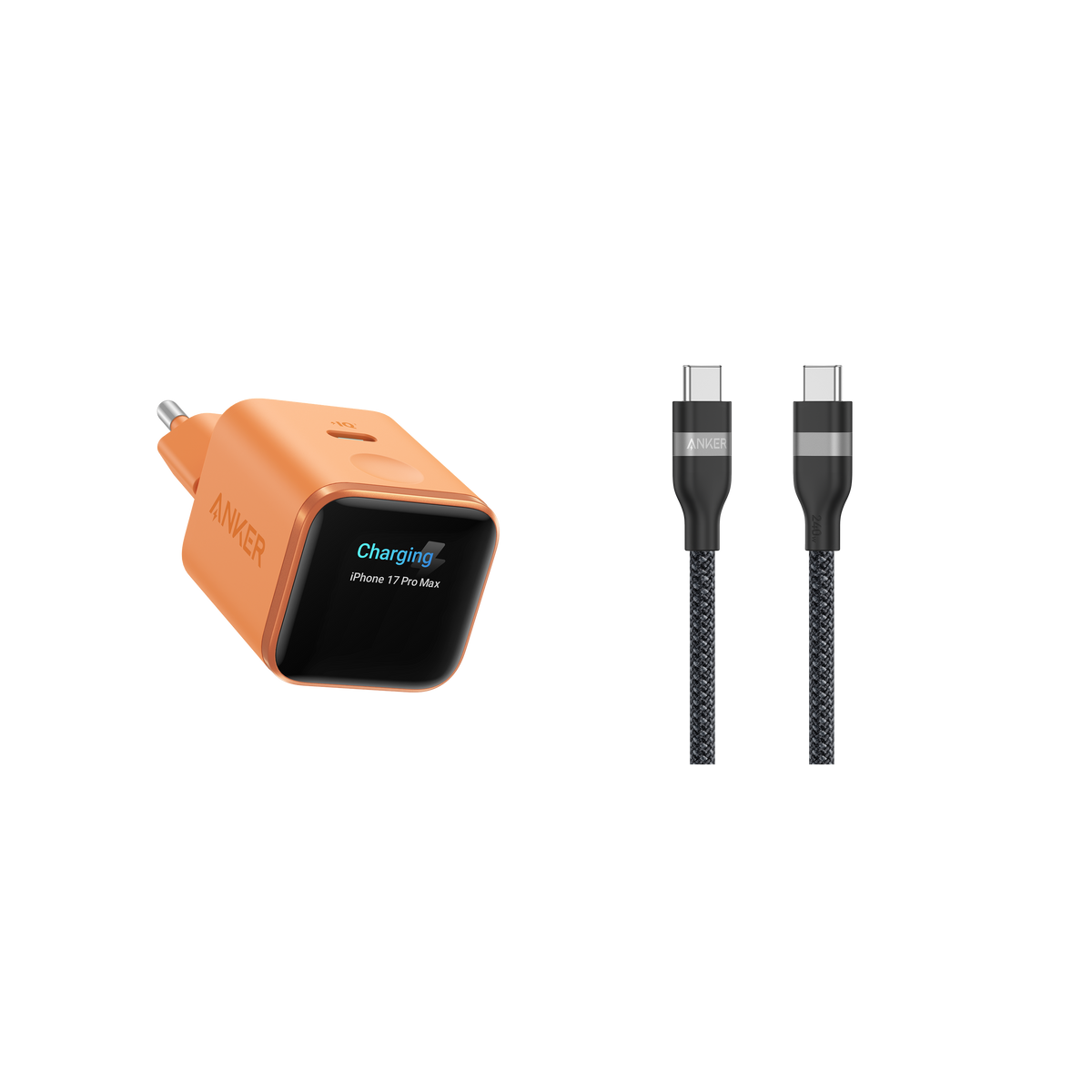 ANKERXI Nano Charger (45W, Smart Display) + ANKERXI USB-C on USB-C cable (90cm / 180cm, 240W, Upcycled-Braided Design) Orange / 90cm