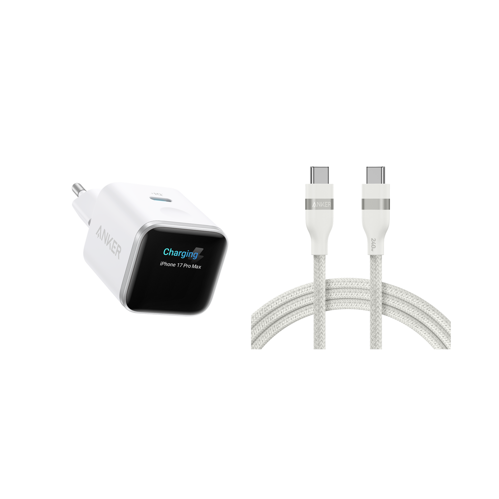 ANKERXI Nano Charger (45W, Smart Display) + ANKERXI USB-C on USB-C cable (90cm / 180cm, 240W, Upcycled-Braided Design) Polar White / 180cm - Default Title
