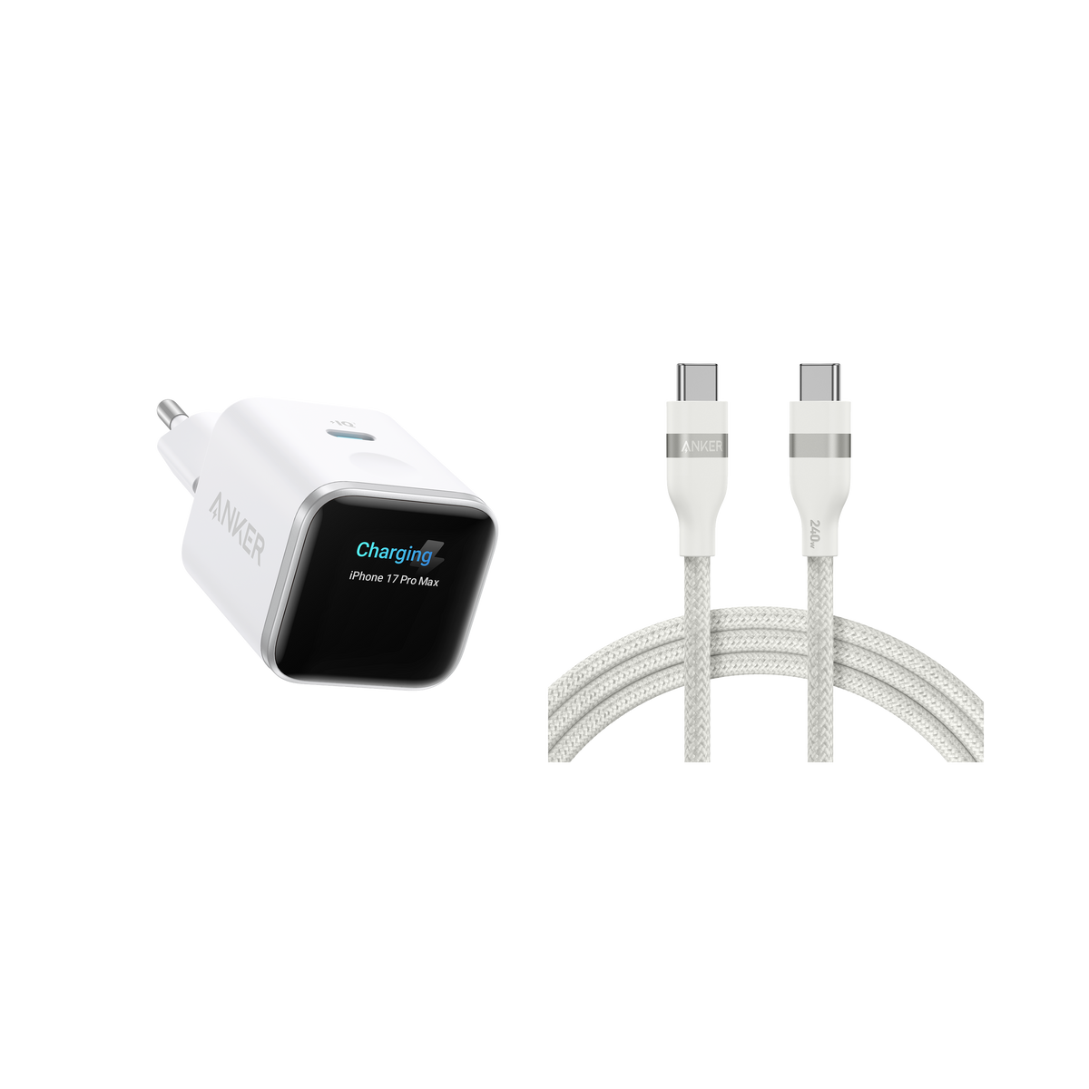ANKERXI Nano Charger (45W, Smart Display) + ANKERXI USB-C on USB-C cable (90cm / 180cm, 240W, Upcycled-Braided Design) Polar White / 180cm - Default Title