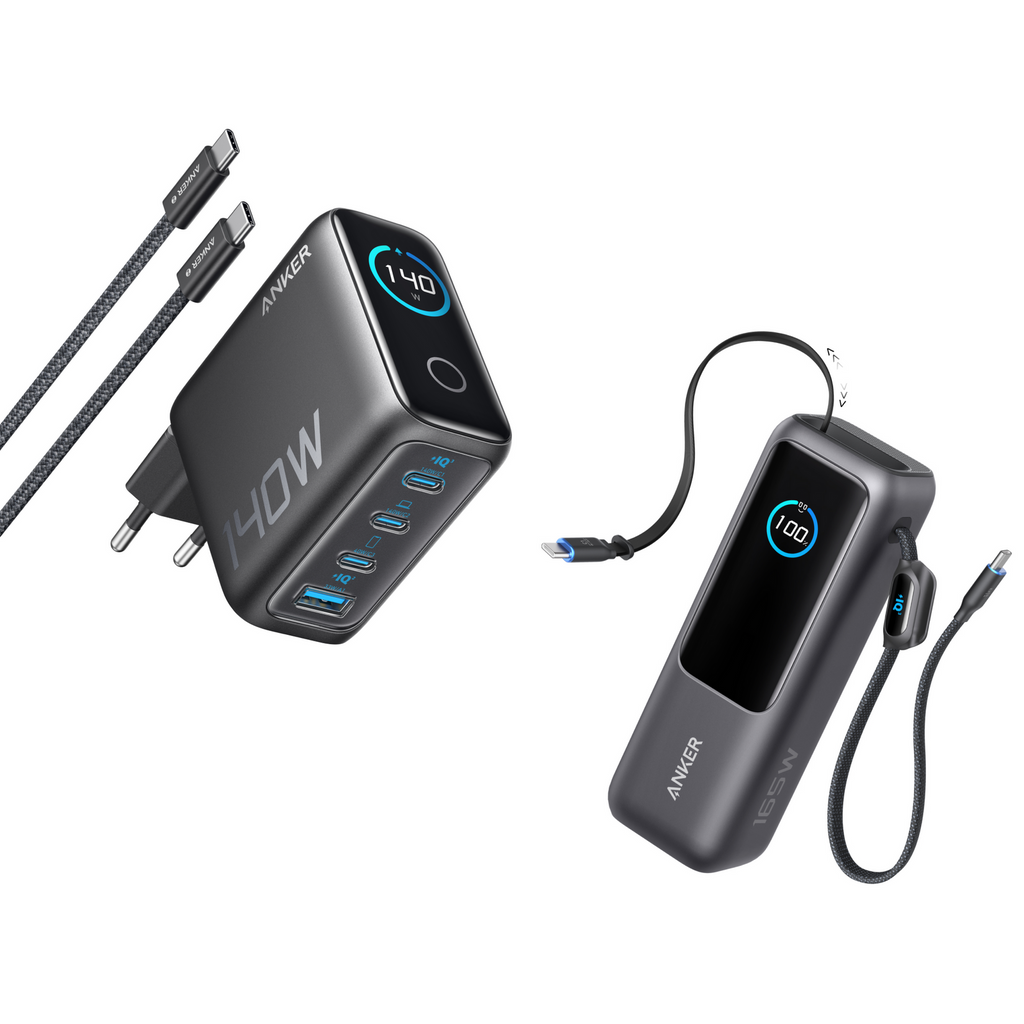 ANKERXI LaptopCharger (140W, 4-portars, PD 3.1) with USB-C-cable + ANKERXI Laptop Power Bank (25K, 165W, built-in and utdragbara cables)
