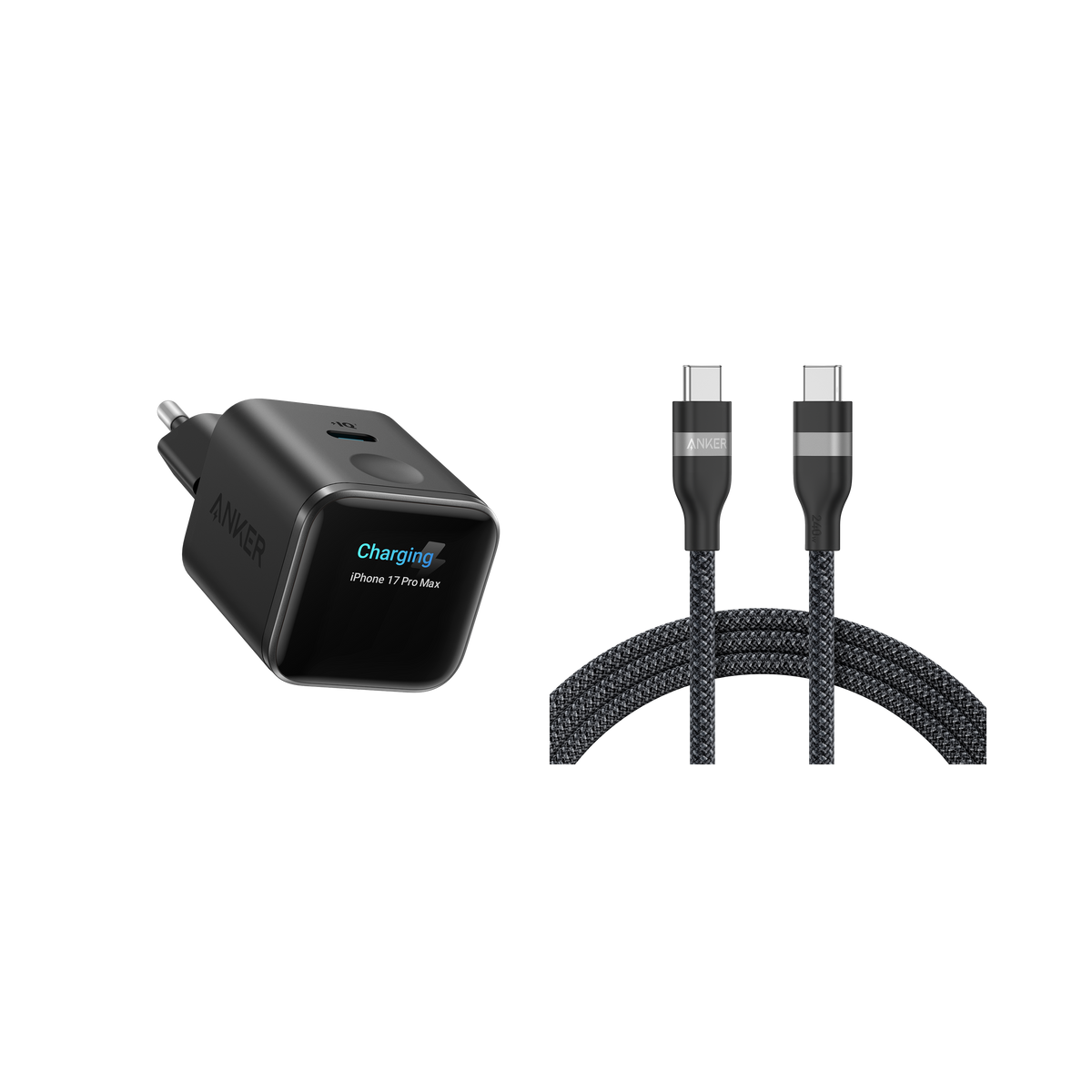 ANKERXI Nano Charger (45W, Smart Display) + ANKERXI USB-C on USB-C cable (90cm / 180cm, 240W, Upcycled-Braided Design) Black Stone / 180cm - Default Title