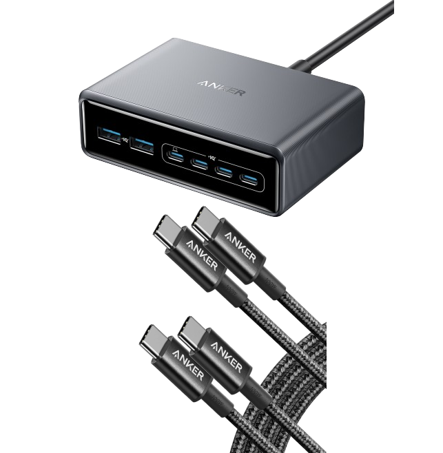 ANKERXI Prime-Charger (200 W, 6 ports, GaN) + USB-C to USB-C-cable (1,8 m, braided, 100 W) 2-pack black - Default Title