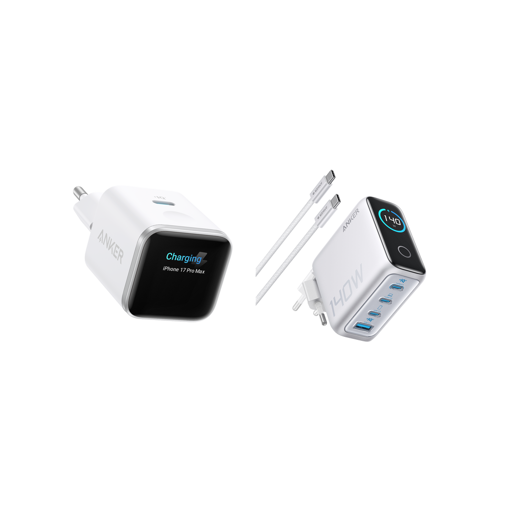 (white) ANKERXI Nano 45W Smart Display-Charger + (Silver) ANKERXI Laptop-Charger (140W, 4-portars, PD 3.1) with USB-C-cable