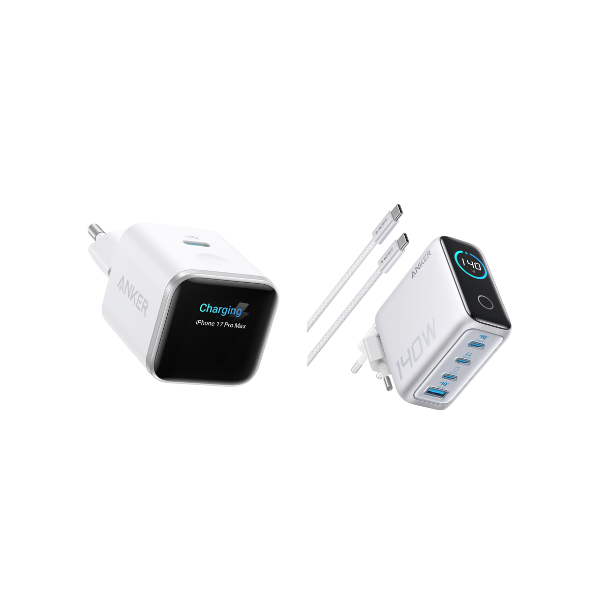 (white) ANKERXI Nano 45W Smart Display-Charger + (Silver) ANKERXI Laptop-Charger (140W, 4-portars, PD 3.1) with USB-C-cable