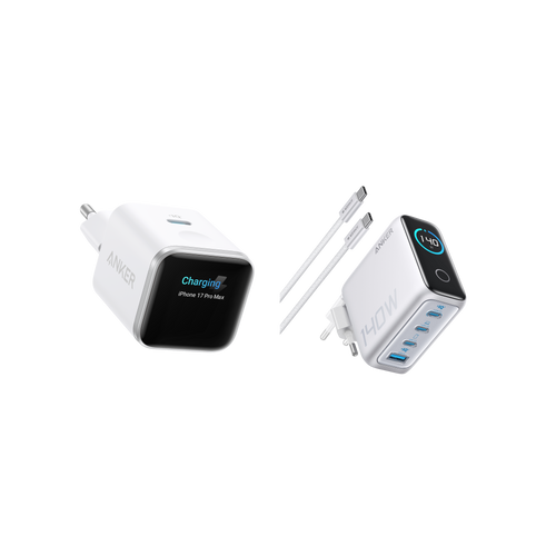 (white) ANKERXI Nano 45W Smart Display-Charger + (Silver) ANKERXI Laptop-Charger (140W, 4-portars, PD 3.1) with USB-C-cable