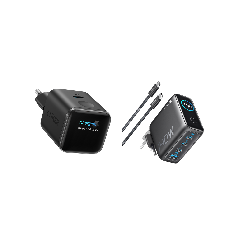 ANKERXI Nano Charger (45W, Smart Display)+ANKERXI Charger (140W, 4-Port, PD 3.1) with USB-C cable Black Stone