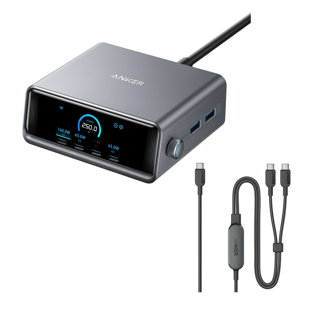 ANKERXI Prime-Charger (250 W, 6 ports, GaNPrime) + ANKERXI 2-i-1 USB-C to USB-C-cable (1,2 m, 140 W, braided) - Default Title