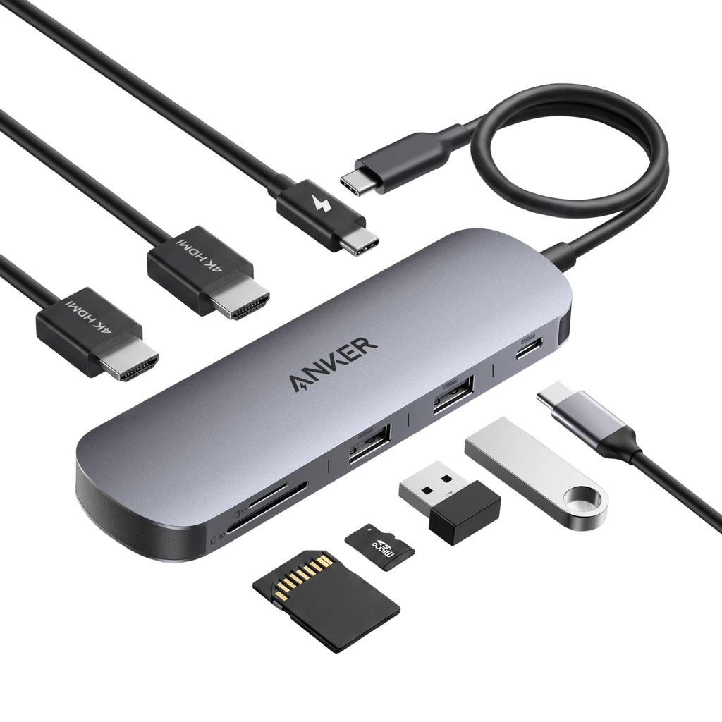 ANKERXI Nano USB-C Hub (8-i-1, dual displays), 10 Gbps hastighet, 85 W max fast Charging av laptop