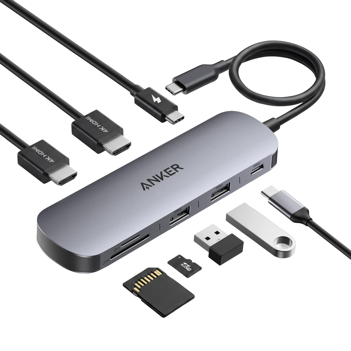 ANKERXI Nano USB-C Hub (8-i-1, dual displays), 10 Gbps hastighet, 85 W max fast Charging av laptop
