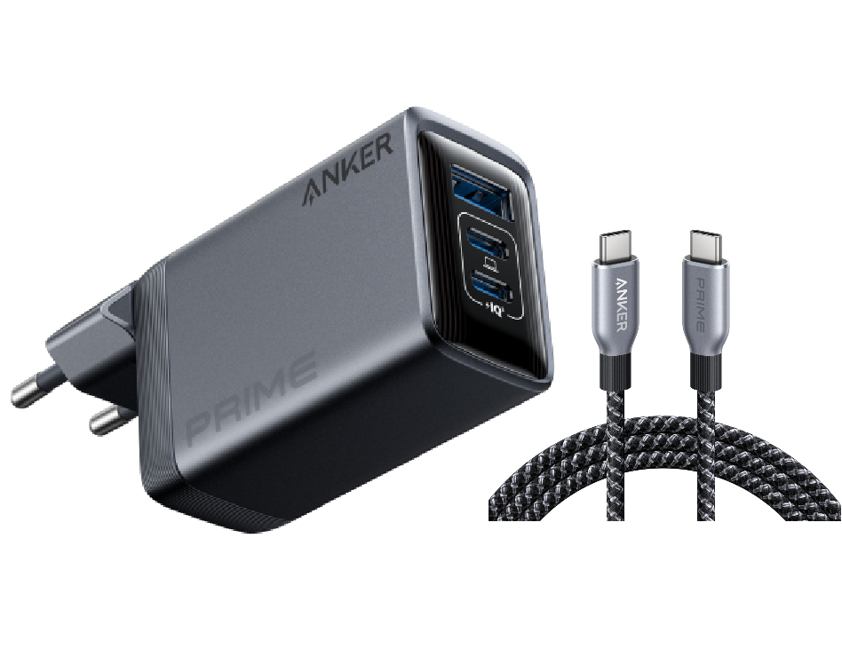 ANKERXI Prime Charger (100W, 3 Ports, GaN) + ANKERXI Prime USB-C on USB-C cable (240W, Upcycled-Braided Design) black