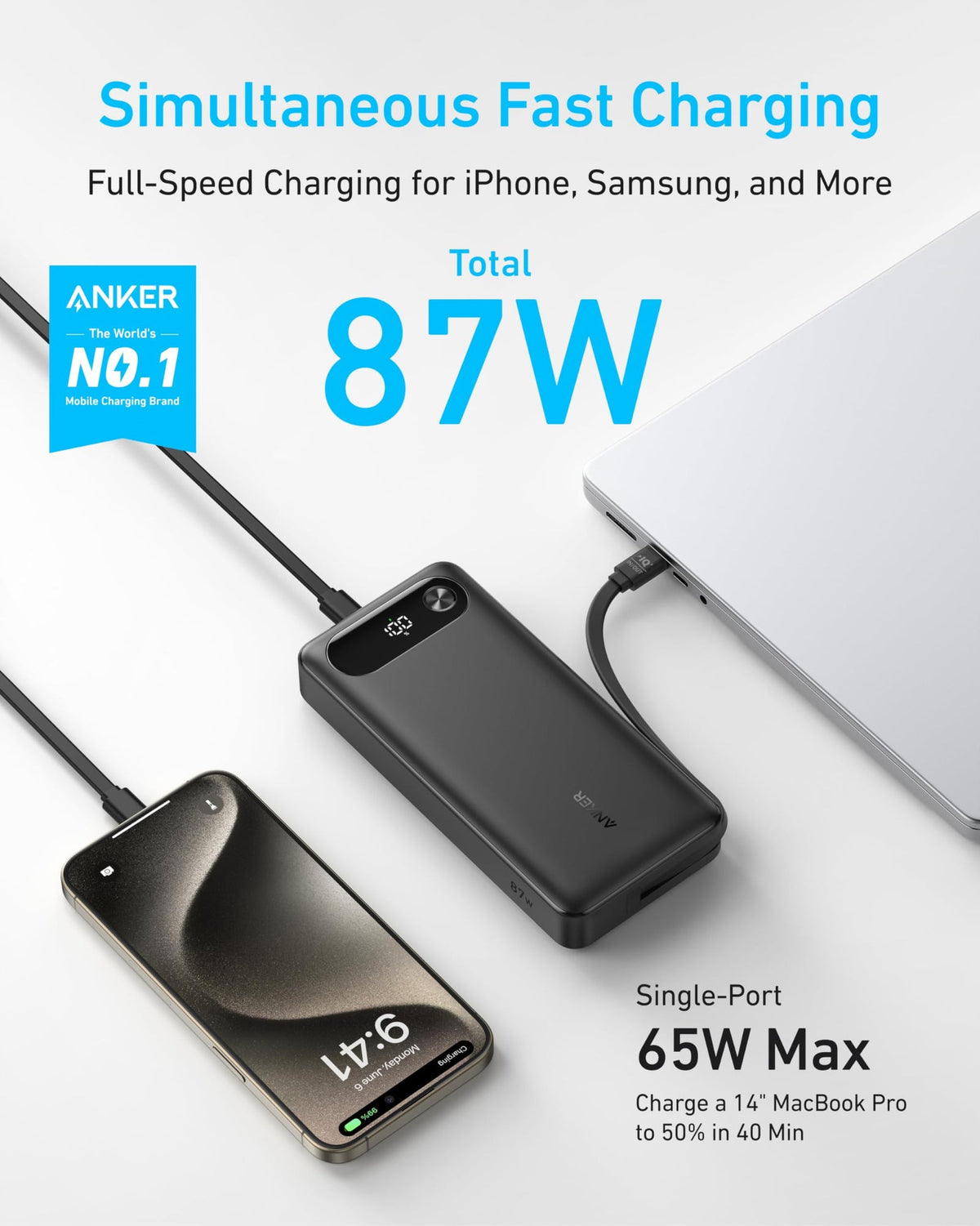 ANKERXI Power Bank (20K, 87W, Built-in USB-C cable) + ANKERXI 2-in-1 USB-C on USB-C cable (120cm, 140W, Flecht-Design) black