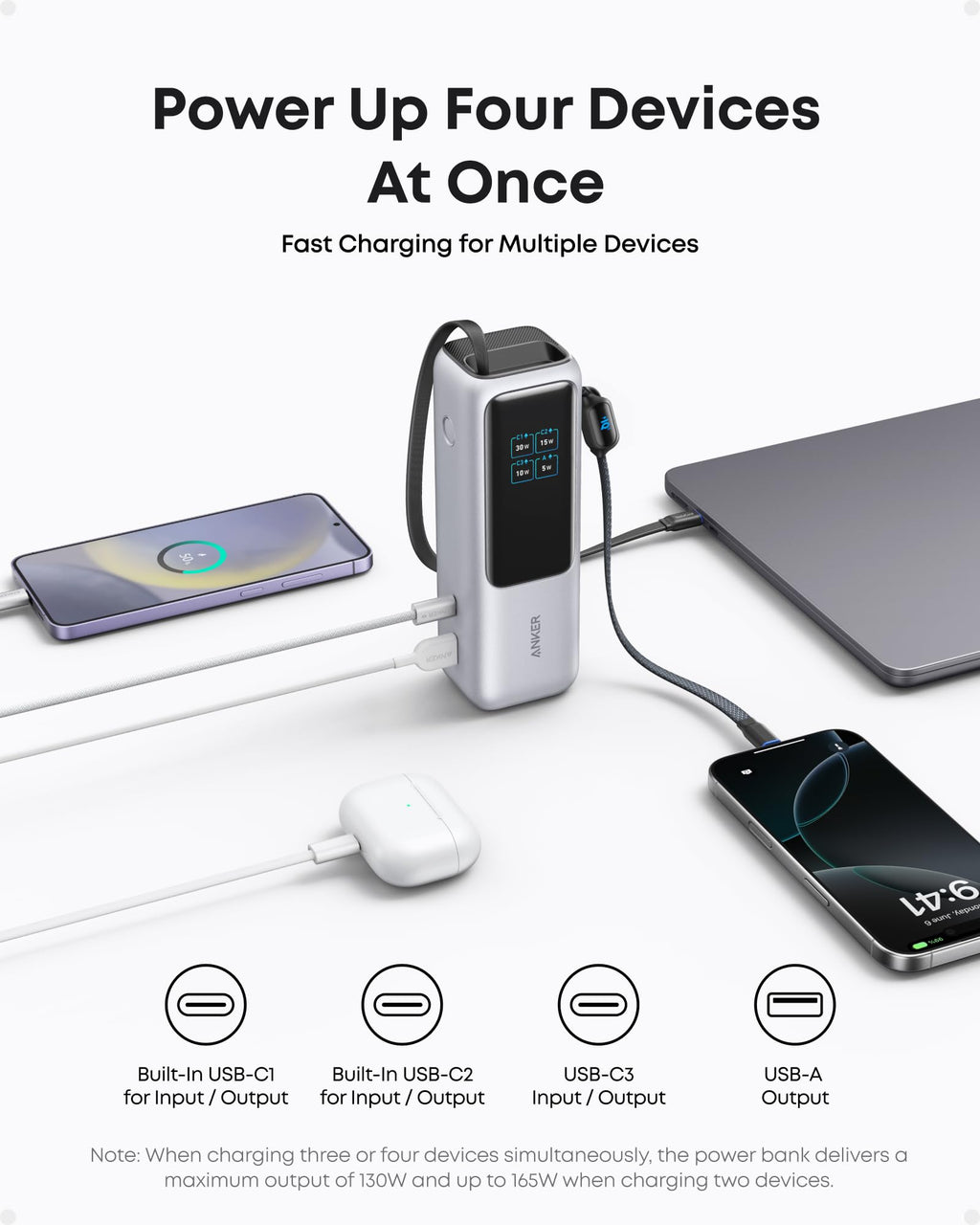 Travel Power kit | ANKERXI 165W Power Bank and 140W 4-Port Laptop Charger (Silver) Silver