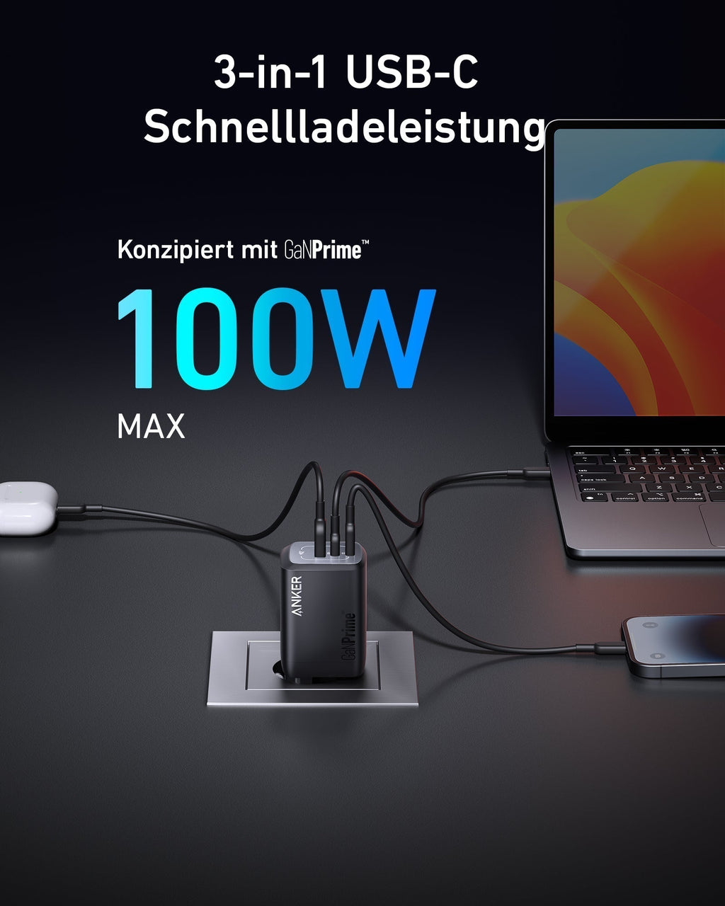 ANKERXI Prime 100W GaN-vaggCharger (3 ports)